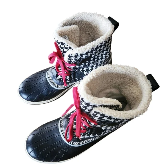 Sorel Tivoli Boots Women US 9 Black Cream Houndstooth Winter Lace-Up Waterproof - Picture 6 of 12